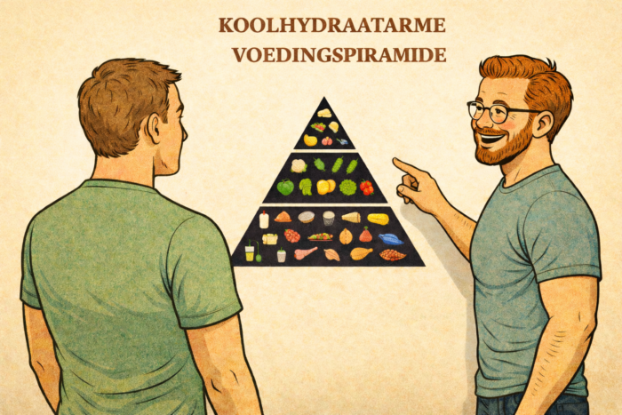 Een mannelijke cliënt krijgt uitleg over de koolhydraatarme voedingspiramide tijdens een adviesgesprek met BGN-gewichtsconsulent Wijnand Dijkshoorn in het kader van zijn voedingsadviestraject