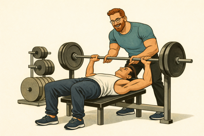 Een mannelijke cliënt wordt bij het bankdrukken gespot door personal trainer Wijnand Dijkshoorn tijdens een krachttrainingssessie