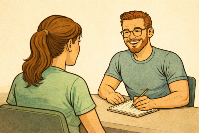 Een vrouwelijke cliënt heeft een intakegesprek met BGN-gewichtsconsulent Wijnand Dijkshoorn