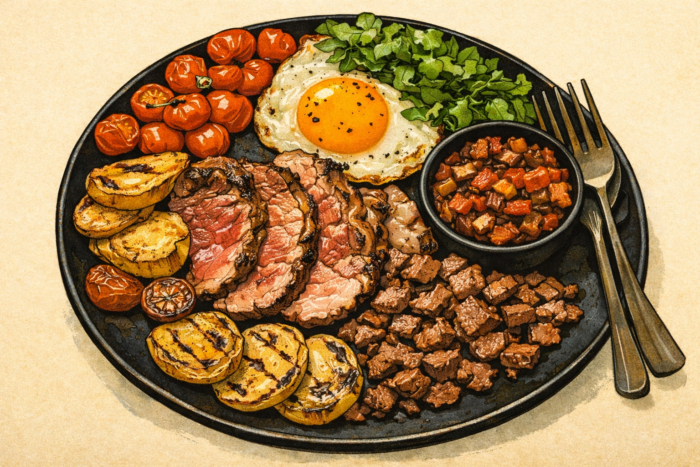 Een bord met een warme maaltijd die bestaat uit voedingsmiddelen die passen in een koolhydraatarm voedingspatroon, waaronder vlees, ei, en groenten