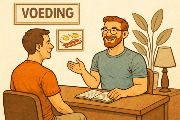 Een mannelijke cliënt krijgt voedingsadvies op maat tijdens een adviesgesprek in de praktijk van BGN-gewichtsconsulent Wijnand Dijkshoorn