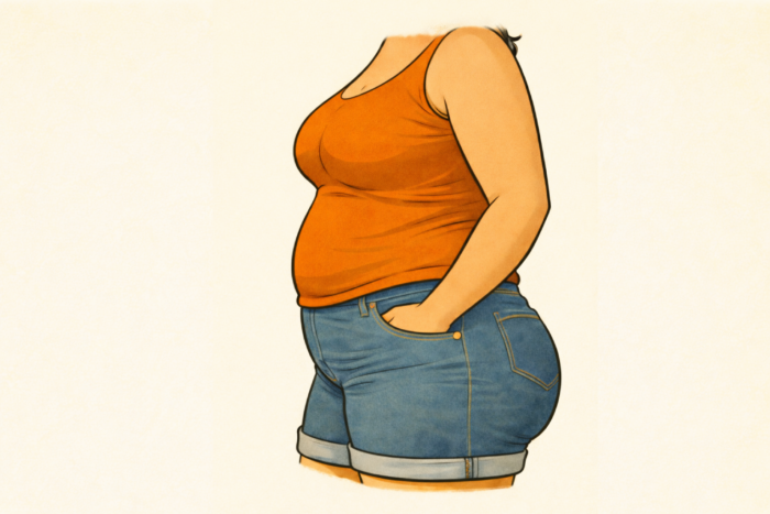 De torso van een vrouw met obesitas van de zijkant bezien