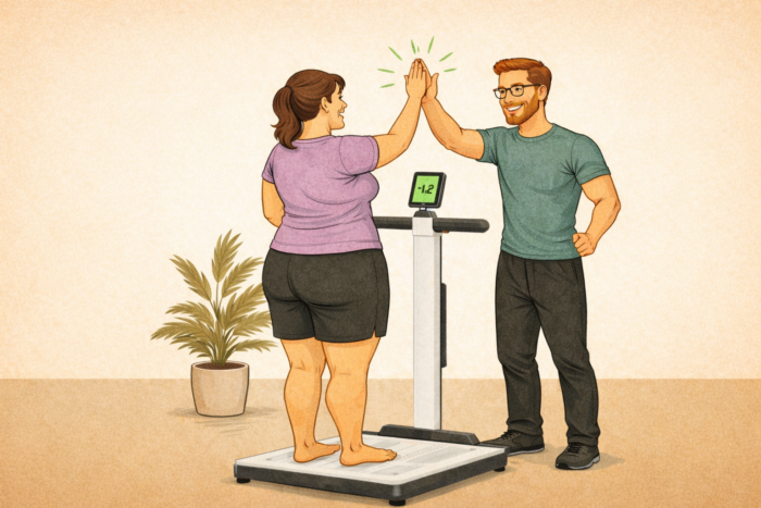 Een vrouwelijke cliënt en BGN-gewichtsconsulent Wijnand Dijkshoorn zijn blij met de verbetere lichaamssamenstelling wat de Seca mBCA Alpha door middel van bio-elektrische impedantie goed inzichtelijk weet te maken