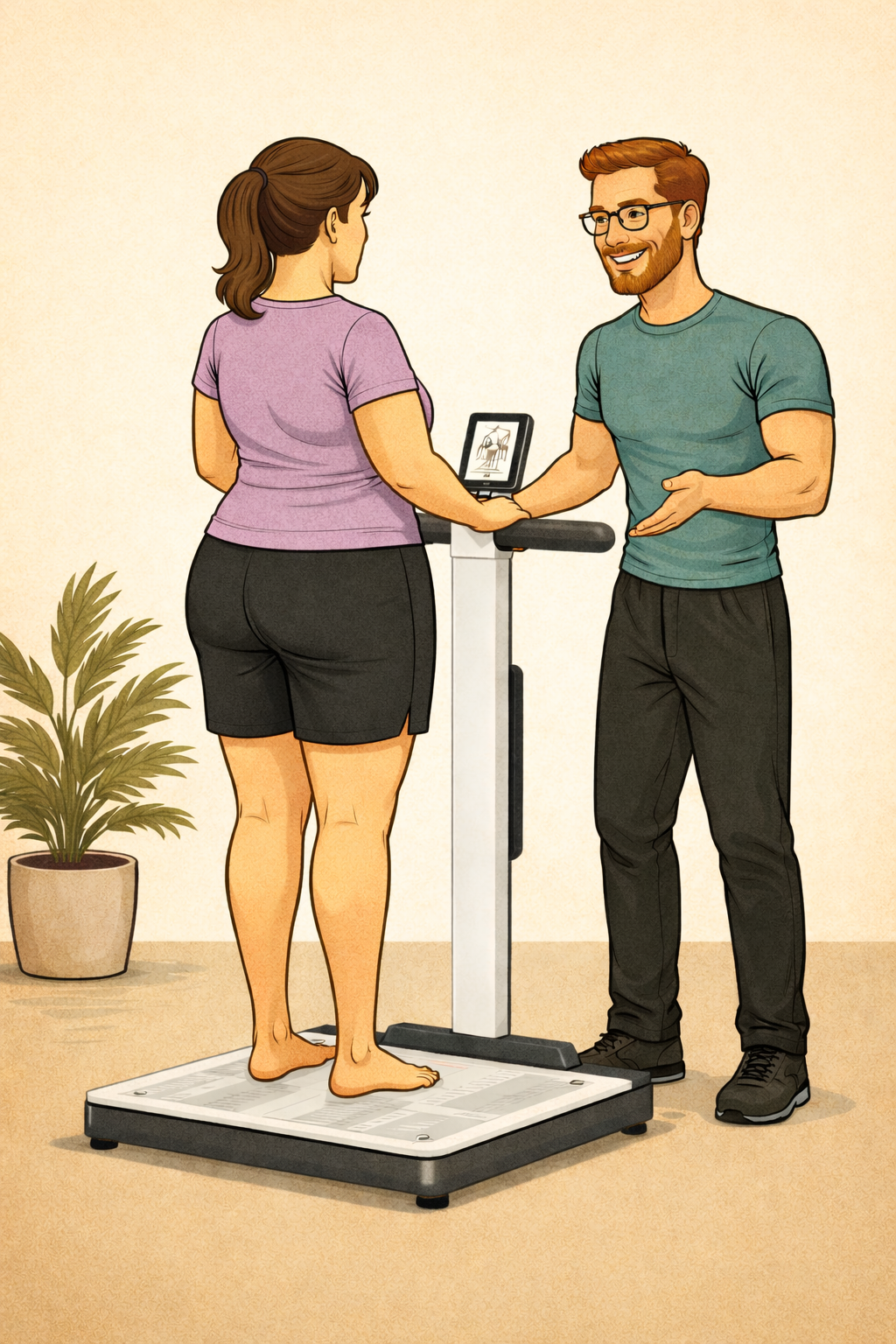 Een vrouwelijke cliënt krijgt een bio-elektrische impedantie meting tijdens een vervolgconsult bij BGN-gewichtscosulent Wijnand Dijkshoorn