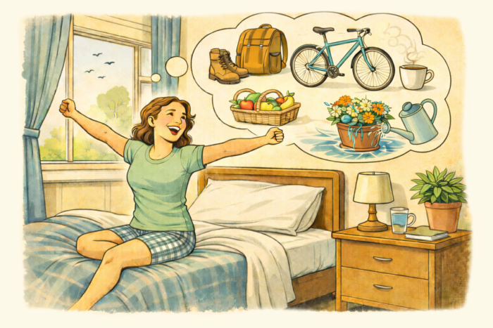 Een vrouw die net wakker is geworden en op haar bed zit heeft veel zin om haar dagelijkse taken en activiteiten te gaan ondernemen